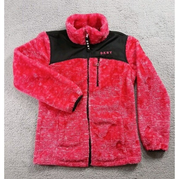 DKNY Girls Pink Fleece Jacket Size Large Fuzzy Coat Full Zip - Picture 1 of 6